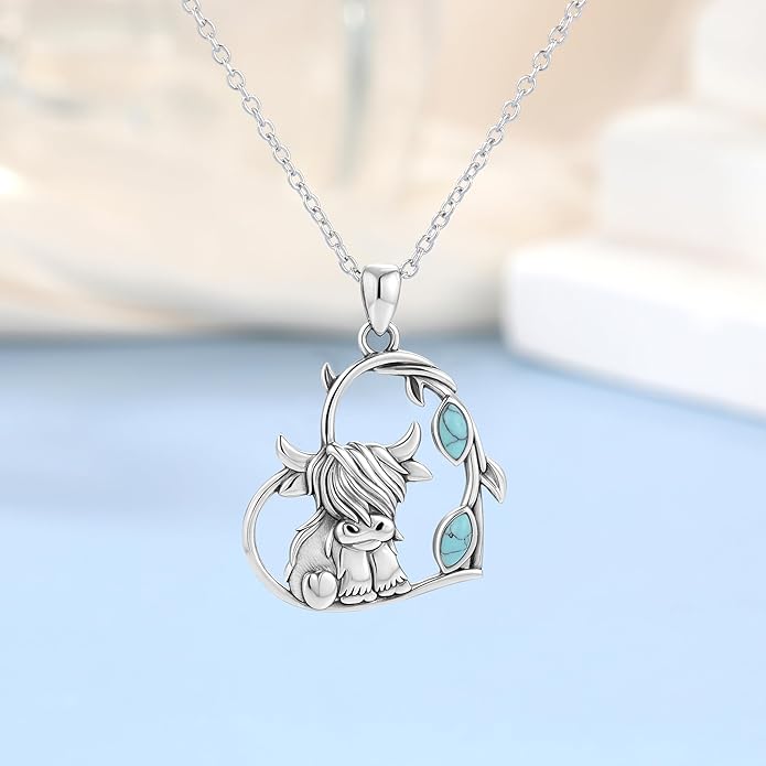 Highland Cow Hummingbird Necklace for Women 925 Sterling Silver Cute Animal Jewelry Gift for Mother Daughter Grandma Nana Sister
