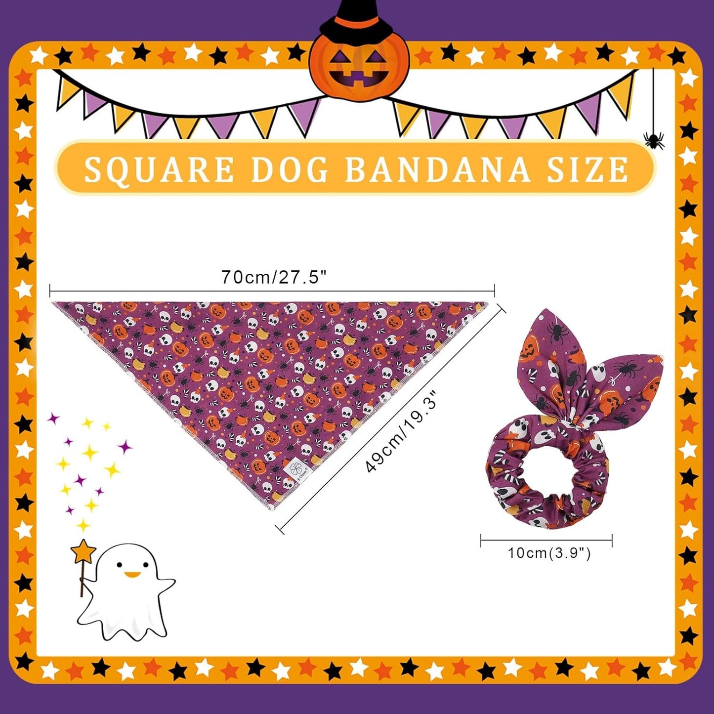 E-Clover Halloween Dog Bandanas & Matching Scrunchie Set Girl Cute Pumpkin Dog Scarf Bibs Pet Bandana with Bow Tie for Medium Large Dogs Owner Mom Purple Orange