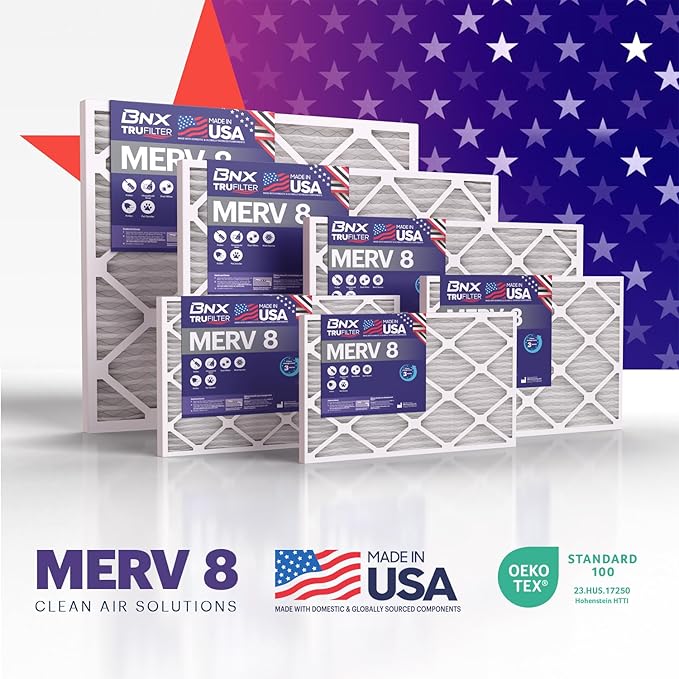 BNX TruFilter 16x25x4 (15.5’’ x 24.5’’ x 3.63‘’ Slim Fit) MERV 8 Air Filter 2-Pack - MADE IN USA - Air Conditioner Furnace Filters HVAC AC Furnace Filters for Dust, Pet, Mold, Pollen MPR 600-700 FPR 5