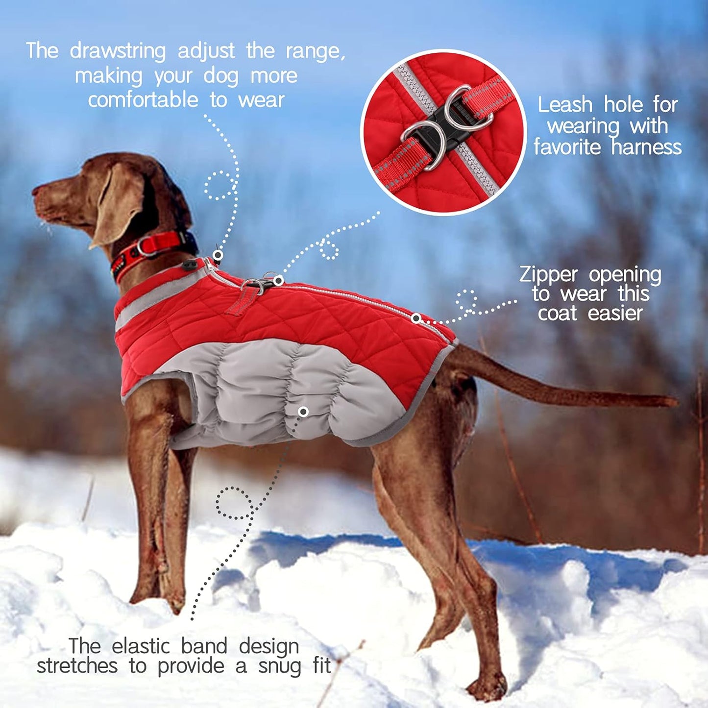 FUAMEY Dog Coat for Large Dogs,Waterproof Dog Winter Jacket with Harness Built in Puppy Cold Weather Coats Reflective Pet Vest with Zipper Warm Fleece Dogs Snowsuit Windproof Red XXL