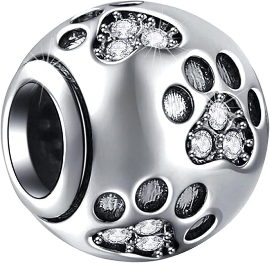 EMOSTAR Dog Paw Print Charms with Various Birthstone Crystals, 925 Sterling Silver Pawprint Beads for 3mm Snake Chain, Pet Lover Gifts for European Women Bracelet