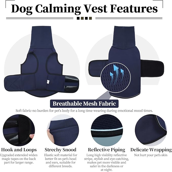 ROZKITCH Dog Calming Vest with Hoodie, Anxiety Relief Jacket for Dogs, Breathable Pet Coat for Storms, Fireworks, and Separation NavyBlue 2XL