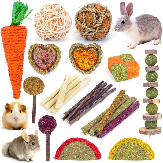 VESPRO Bunny Teys for Rabbits Hamster/Guinea Pig Toys Natural Timothy Hay Sticks chew Treats and Balls for Rabbit, Bunny, chinehila, Guirea Pig, Hamster, Bunny Teeth Care