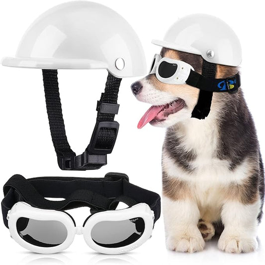 Frienda Dog Helmet and Goggles, UV Protection Doggy Sunglasses and 4 Inch Padded Puppy Motorcycle Helmet Adorable Dog Goggles with Adjustable Belt for Small Dogs Puppy Riding(White,S)