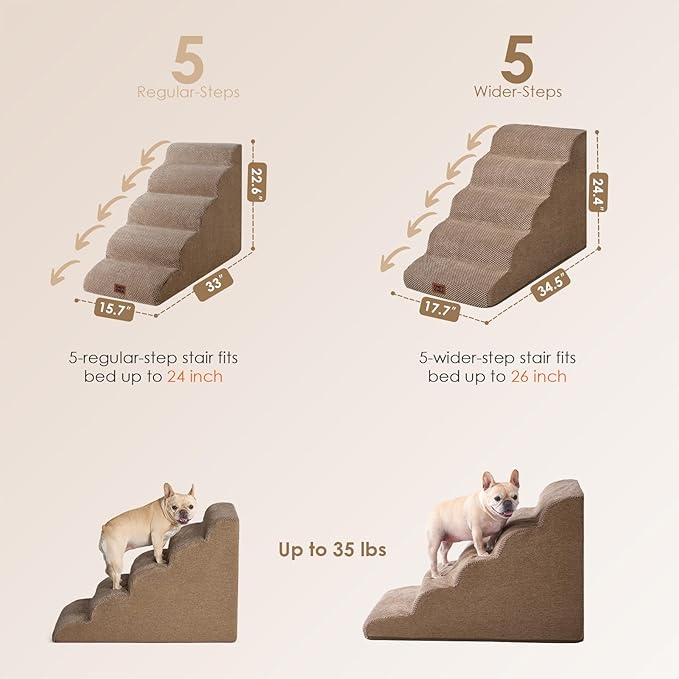 EHEYCIGA Curved Dog Stairs Ramp for High Beds, 5-Step Extra Wide Dog Steps for Small Dogs and Cats, Pet Stairs for High Bed Climbing, Non-Slip Balanced Pet Step Indoor, Camel