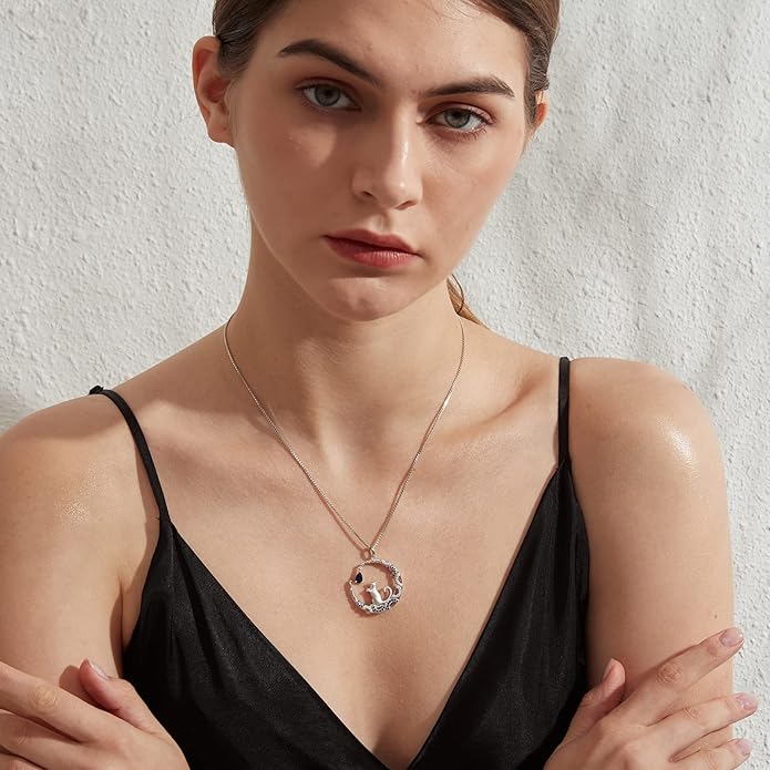 jiamiaoi 18K White Gold Plated Cat Necklace 925 Sterling Silver Diamond Cat Necklace Silver Cat On Moon Necklace for Women Gift for Birthday/Christmas, Come with Gift Box