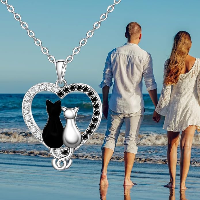 Fenthring Cat Necklace for Women Black Cat Necklaces Sterling Silver Animal Cats Pendant Gifts for Mother Daughter Holiday Jewelry