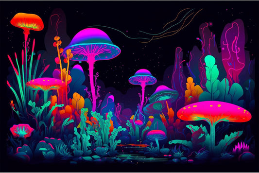Mushrooms Aquarium Background Mushrooms in Dark Forest with Bright Colors Terrarium Background Tranquil Lake Cartoon Style Aquatic Plants Fish Tank Backdrop Poster Decorations Wallpaper Decor 72x16in