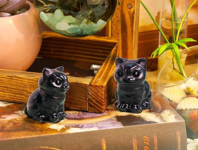 DUQGUHO Matte Black Obsidian Cat Crystal Figurines Gifts for Women & Men - Lucky Cute Cat Statue - Room & Desk Decor - 1PC
