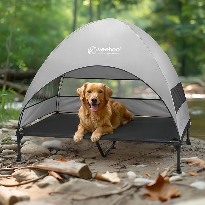 Veehoo Outdoor Dog Bed with Canopy, Cooling Elevated Pet Cot with Removable Shade, Non-Slip Feet, Raised Dog Cot for Large Dogs, Pet Tent Bed for Camping, Beach, XLarge, Black + Grey, CWC2411