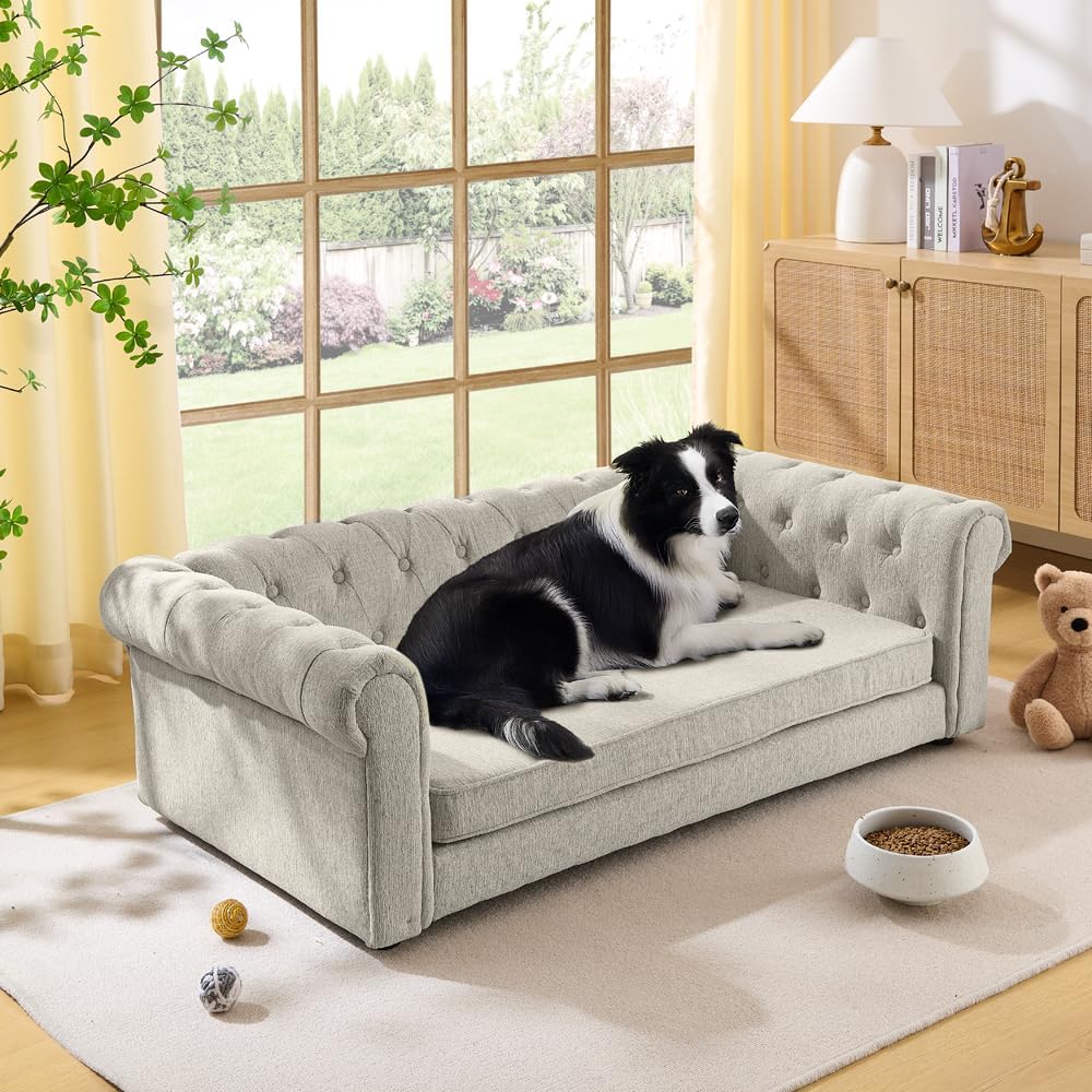 Dog Sofa Couch for Medium to Large Dogs, 55" Memory Foam Pet Sofa Couch with Washable Fabric, Durable Elevated Dog Bed with Legs, Removable Cushion for Medium and Large Dogs, Beige