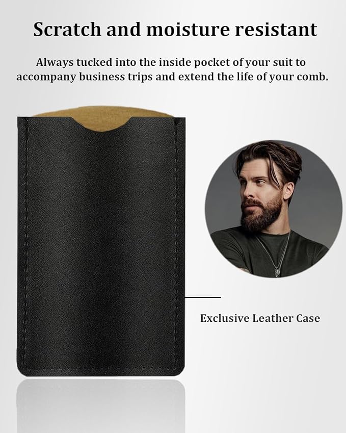 4 Pack Double-Sided Pocket Comb, Wooden Dual Action Beard and Mustache Comb Set with Leather Cases for Beards and Mustaches, Everyday Styling Comb For Detangling Knots (Black lacquer)