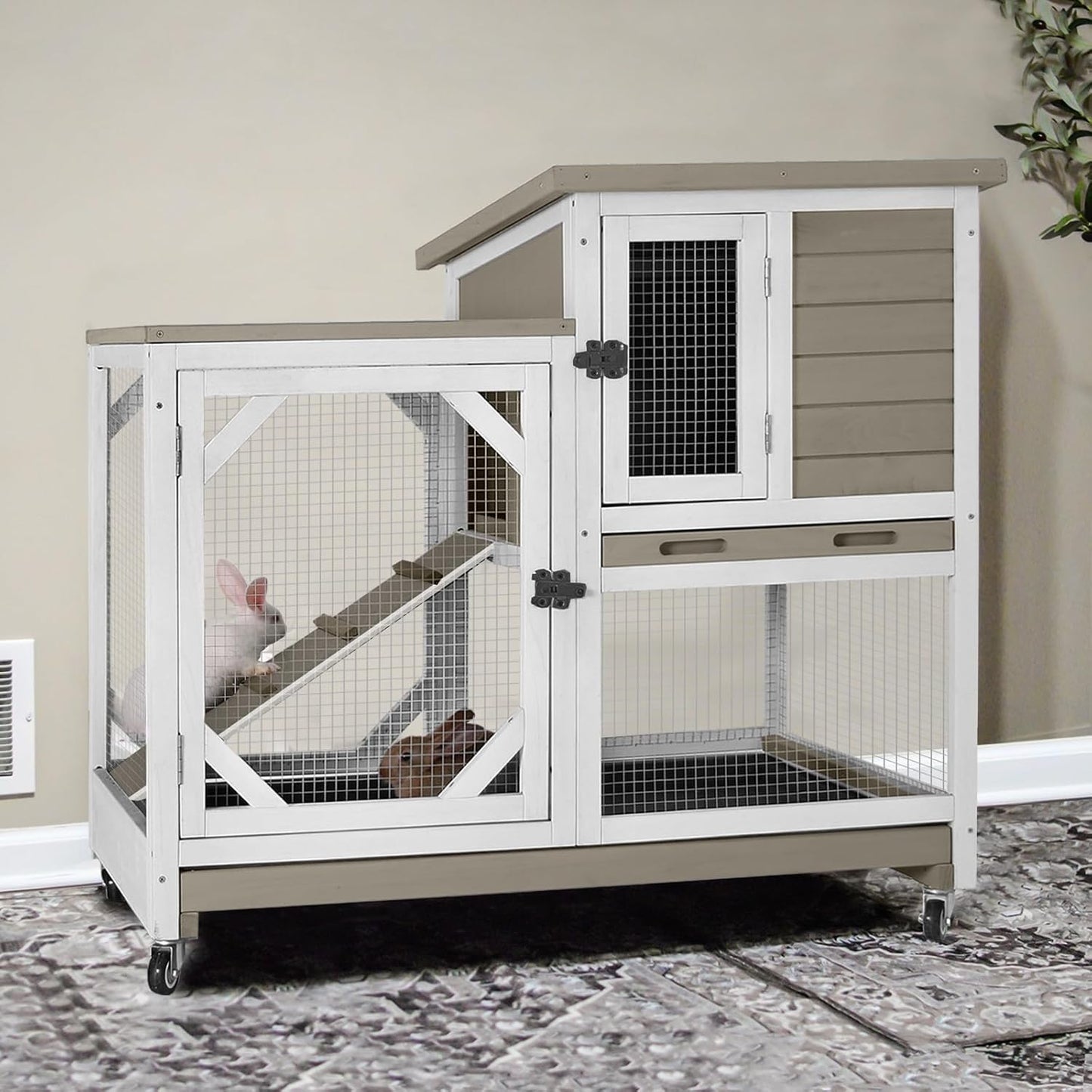 GUTINNEEN 2-Story Rabbit Hutch with Chew-Proof Ramp & Pull-Out Trays - Indoor/Outdoor 39.3" Wooden Rabbit Cage on Wheels for Rabbits, Guinea Pigs (Light Brown)