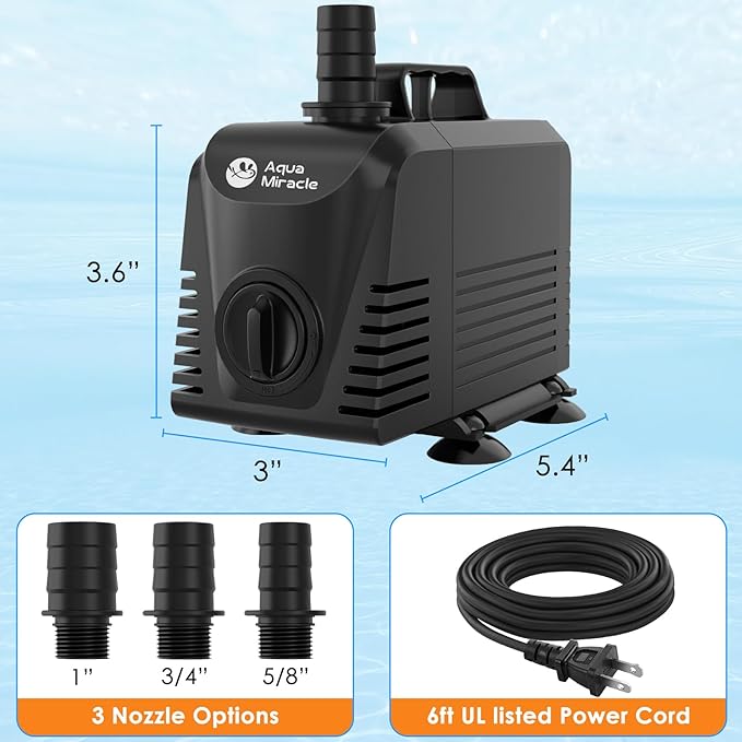 AquaMiracle Submersible Water Pump Aquarium Water Pump with Flow Control, Pond Pump Fountain Pump for Pond, Fountain, Waterfall, Statuary, Water feature, Hydroponics (800GPH, 55W)