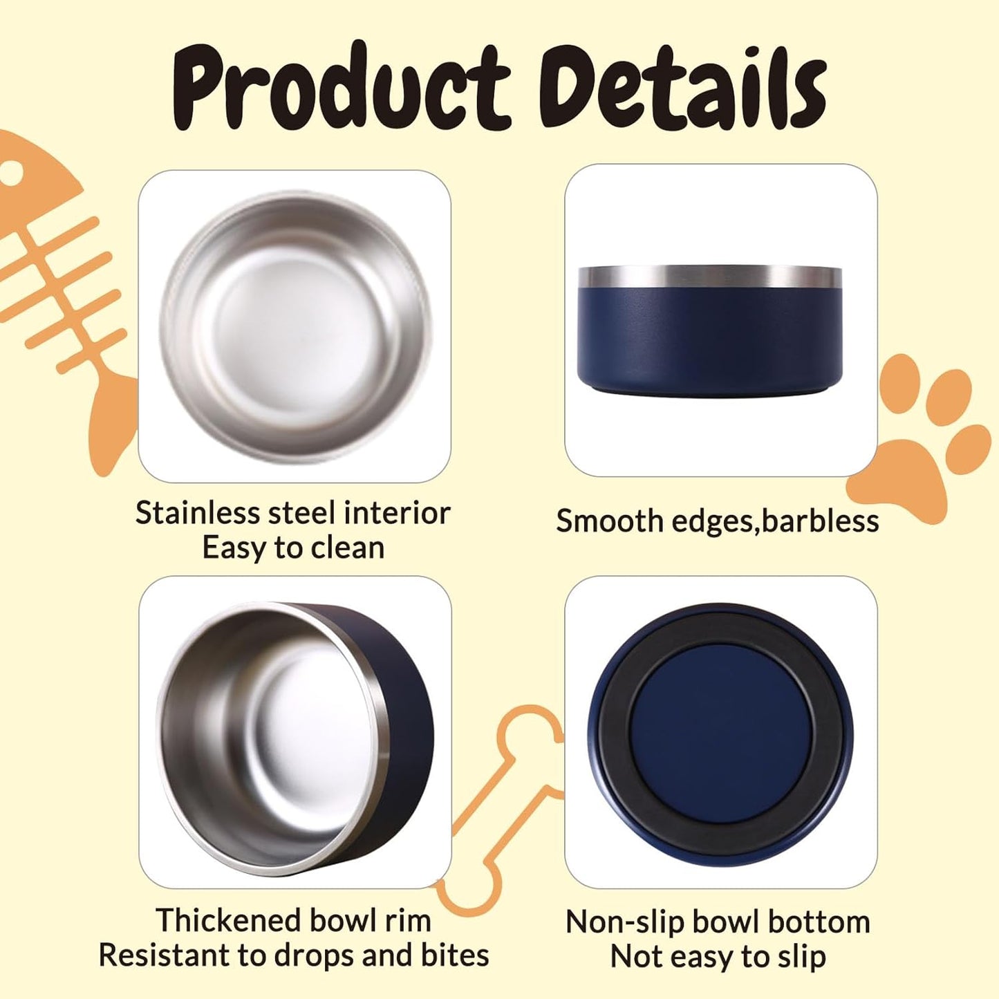 42OZ Personalized Dog Bowl Laser Engraved Custom Pet Name 18/32/42/64 oz No Slip Stainless Steel Insulated Bite-Resistant Food Water Dishes-Black