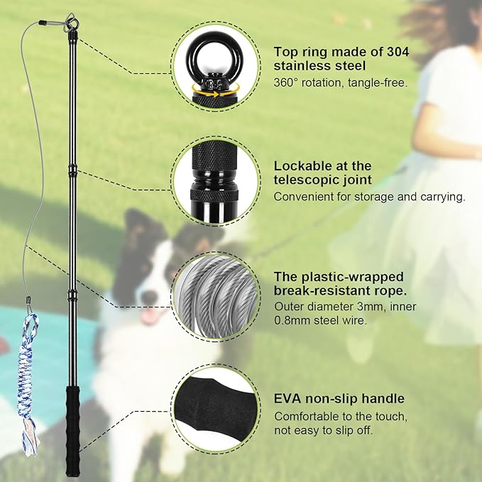 Carbon Fiber Flirt Pole for Dogs, 0.23 Pounds Lightweight Dog Flirt Pole for Large Medium Small Dogs, Telescopic Flirt Stick with 2 Toys & 2 Ropes (40 Inches Pole)