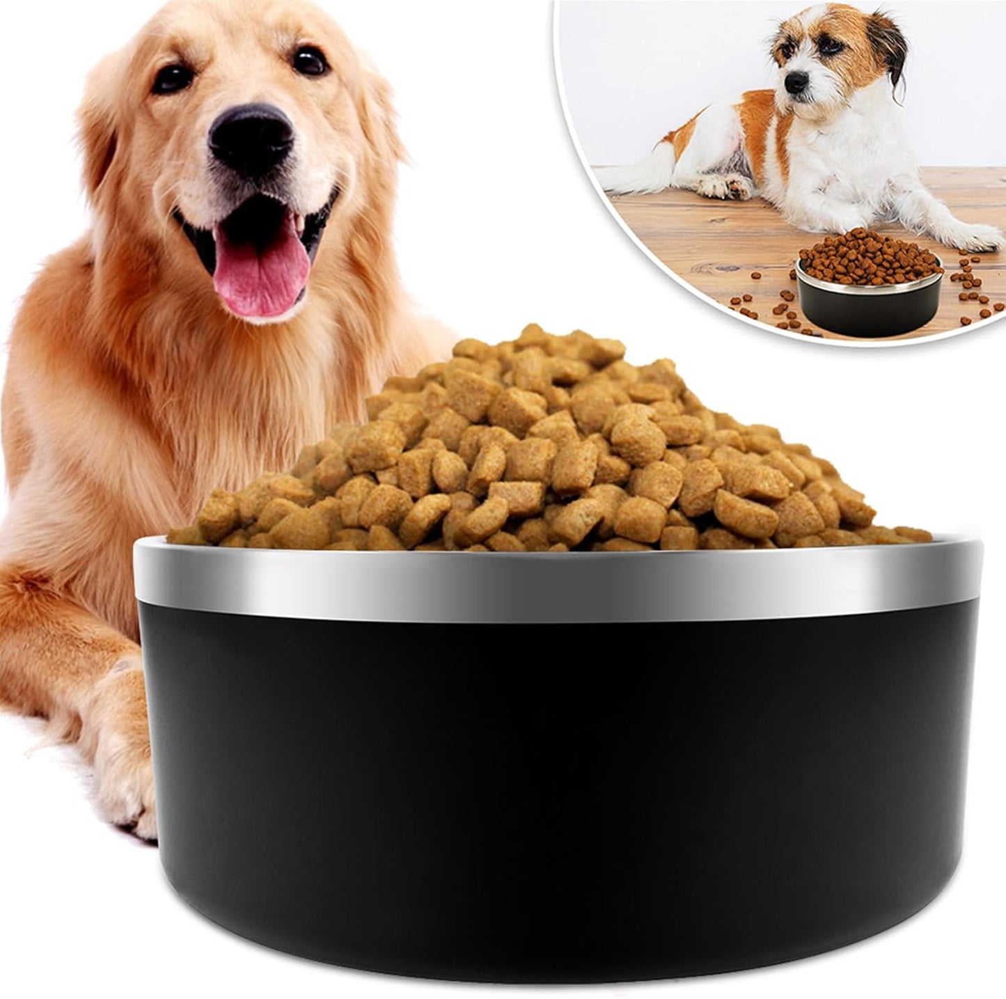 IKITCHEN Dog Bowl for Food and Water, 40 Oz Stainless Steel Pet Feeding Bowl, Durable Non-Skid Double Wall Insulated Heavy Duty with Rubber Bottom for Medium Large Sized Dogs (40 Ounces/5 Cup, Black)