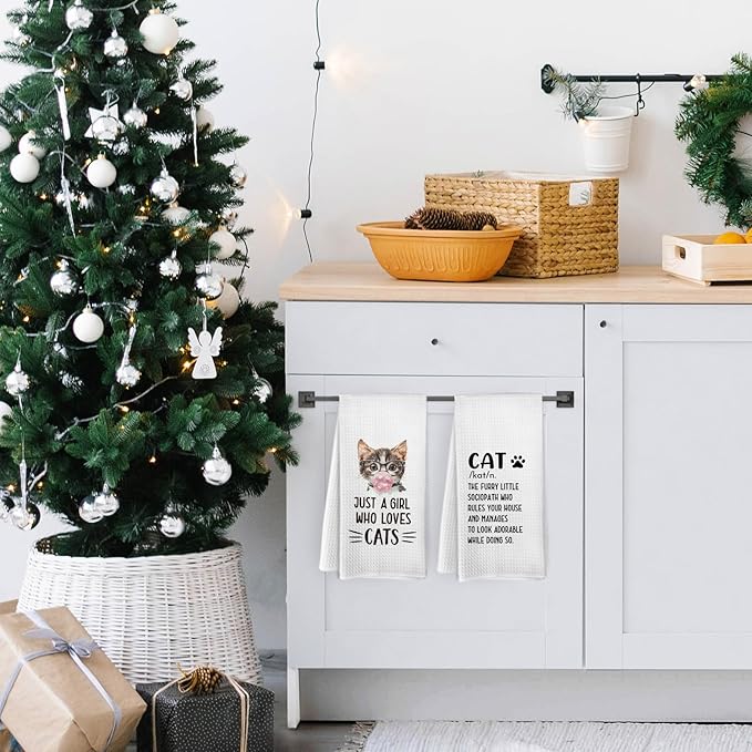 Funny Cat Kitchen Towels and Dishcloths Set of 2, Just a Girl Who Loves Cats Dish Towels, Cat Gifts for Cat Lovers, Cat Kitchen Decor, Cat Hand Tea Towels for Bathroom Kitchen, 16x24 Inches