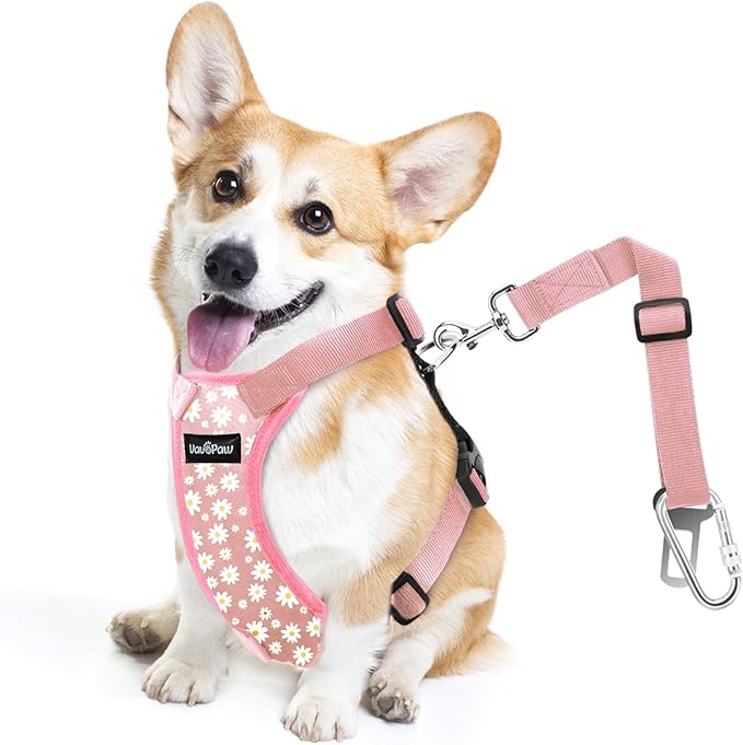 Dog Seat Belt, Safety Vest Dog Car Harness with Adjustable Buckle Dog Seat Belt for Vehicle Nylon Pet Safety Seat Belts Heavy Duty(S, Pink Daisy)