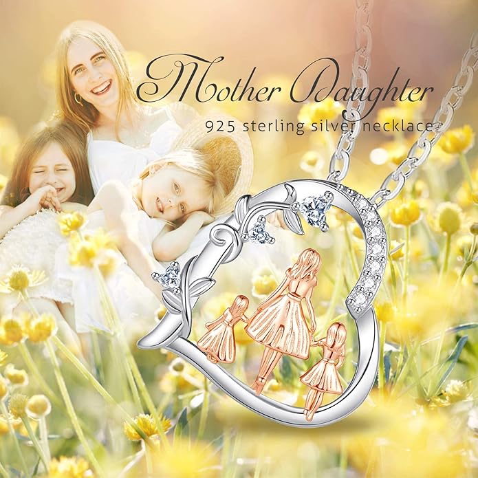 EUDORA Sterling Silver Mother Daughter Necklace for Women, Mama Son Daughter Necklace Pendant for Mom and Daughter,Mom Jewelry from Daughter Mother's Day Gift for Mother Daughter Aunt Grandma