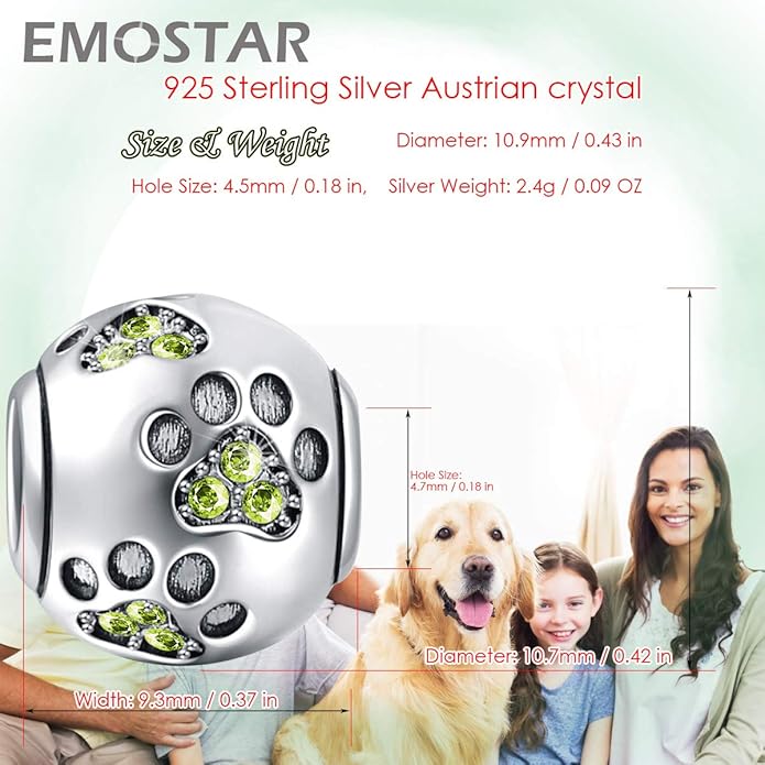 EMOSTAR Dog Paw Print Charms with Various Birthstone Crystals, 925 Sterling Silver Pawprint Beads for 3mm Snake Chain, Pet Lover Gifts for European Women Bracelet