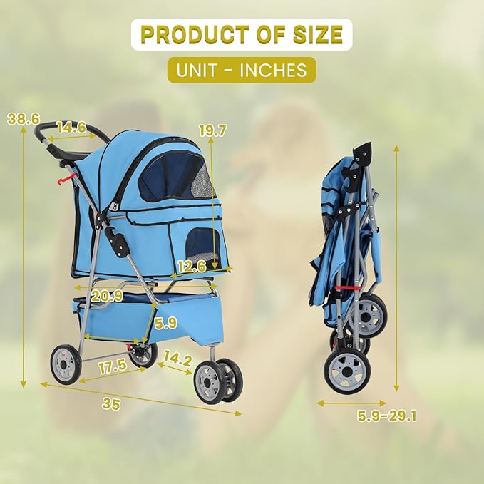 Foldable Pet Stroller for Cats and Dogs 3 Wheels Carrier Strolling Cart with Weather Cover, Mesh Panels，Storage Basket Cup Holder，Blue
