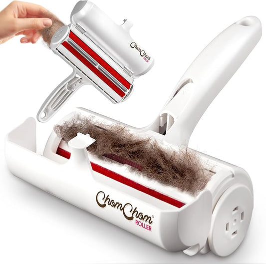 ChomChom Roller Pet Hair Remover and Reusable Lint Roller - Cat and Dog Hair Remover for Furniture, Couch, Carpet, Clothing and Bedding - Portable, Multi-Surface Fur Removal Tool (White)