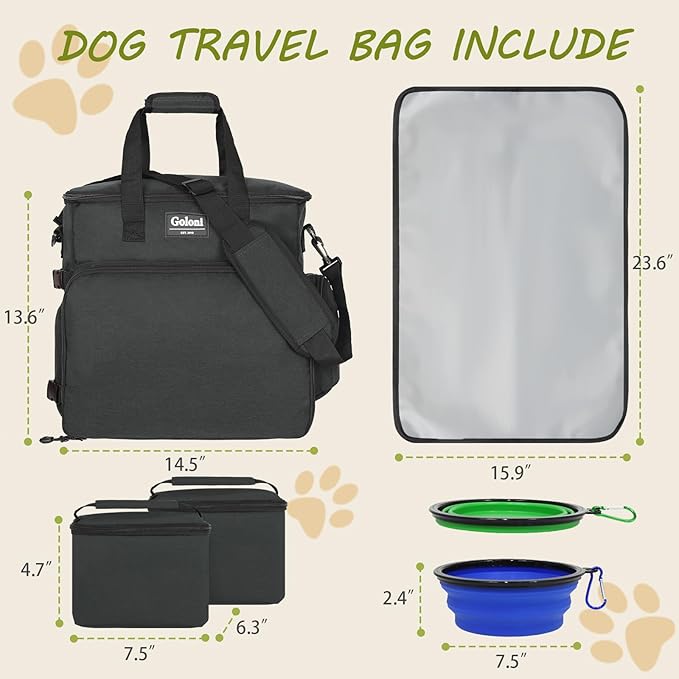 Dog Travel Bag Airline Approved–Pet Travel Tote with Collapsible Bowls,Food Containers & Feeding Mat–Multi-Pocket Organizer for Dogs & Cats, Durable & Water-Resistant for Hiking,Trips,Outdoors