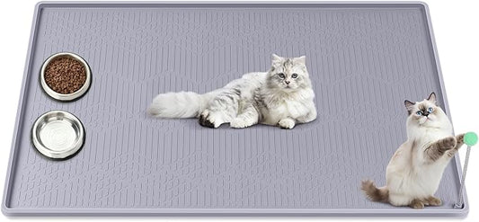 Cat Food Mat with Toy Ball, 38'' x 25'' Extra Large Silicone Pet Feeding Mat with Raised Edge Pet Placemat for Food and Water Bowl Non-Slip, Easy to Clean, Floor Protection (Grey)
