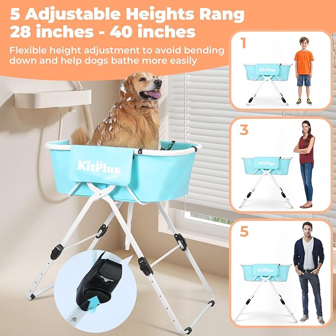 Elevated Portable Dog Bathtub, 5 Height Adjustable Dog Washing Station for Pet Shower and Grooming Foldable Bathing Tub with Storage & Anti-Slip Design for Small Large Dogs Cats