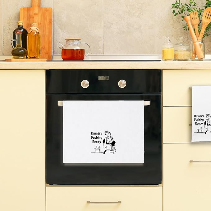 Funny Dish Towels with Sayings Dinner's Fxxking Ready Kitchen Towels Adult Humor Dishcloth for Kitchen Decor Novelty Birthday Gifts Sweet Housewarming Gifts for Women Hostess Sister Friend