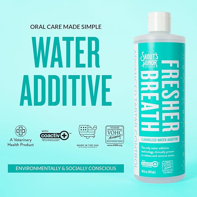 SKOUT'S HONOR Fresher Breath Water Additive for Pets - VOHC Accepted for Tartar Control, Freshens Breath Fast, No Brushing Required : Fresh & Flavorless 16oz