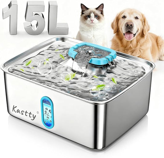 Kastty 4 Gal Large Dog Water Fountain,15L Stainless Steel Dog Water Bowl Dispenser with Water Level Window and LED Light,Ultra Quiet Automatic Pet Water Fountain Easy Cleaning(FS78,Blue)