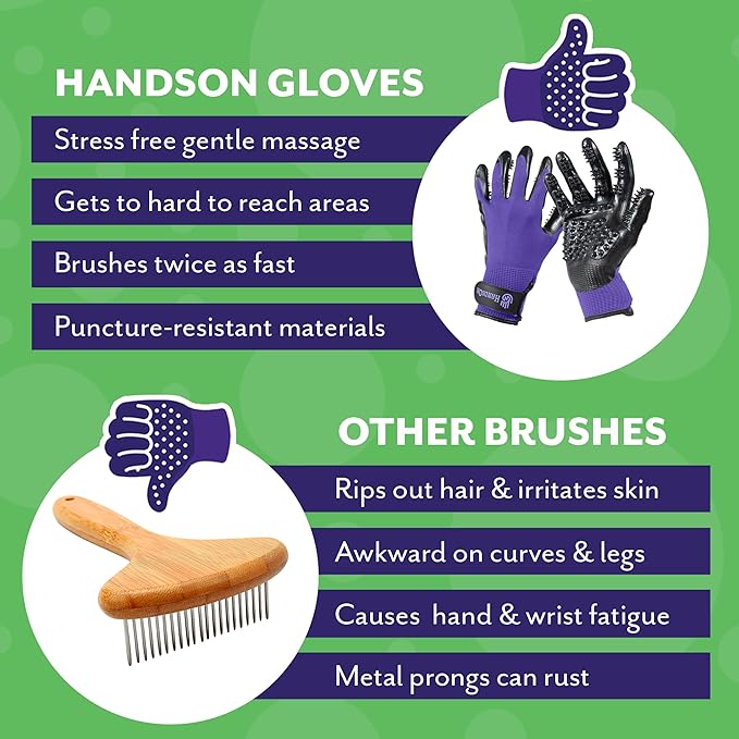 HandsOn Pet Grooming Gloves - #1 Ranked, Award Winning Shedding, Bathing, & Hair Remover Gloves for Cats, Dogs, and Horses (Green / Black, Large)