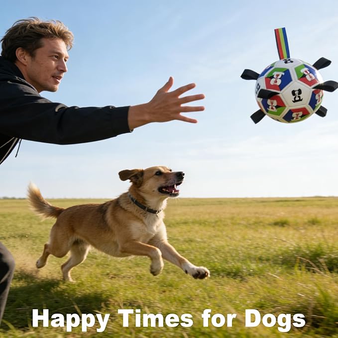 Dog Toys, Word-Cup Style Soccer Ball with Straps, Interactive Lightweight Dog Toys for Outdoor Play, Tug of War, Puppy Birthday Gifts, Water Toy - Ideal Pet Gift for Large Dogs (8 Inch)