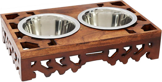 Elevated Pet Feeder for Dogs and Cats - Hand Carved Wood Bones Raised Dog Bowl Stand - Pet Feeding Stand with Two Steel Bowls - Raised Dog Bowl for Food Water - Pet Feeding Station -17x11x4- IRONGATE