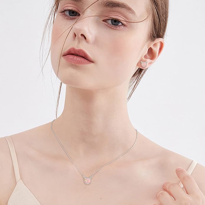 EVER FAITH 925 Sterling Silver Cute Cat Earrings Necklace Hypoallergenic Created Opal Lovely Animal Jewelry Set for Women