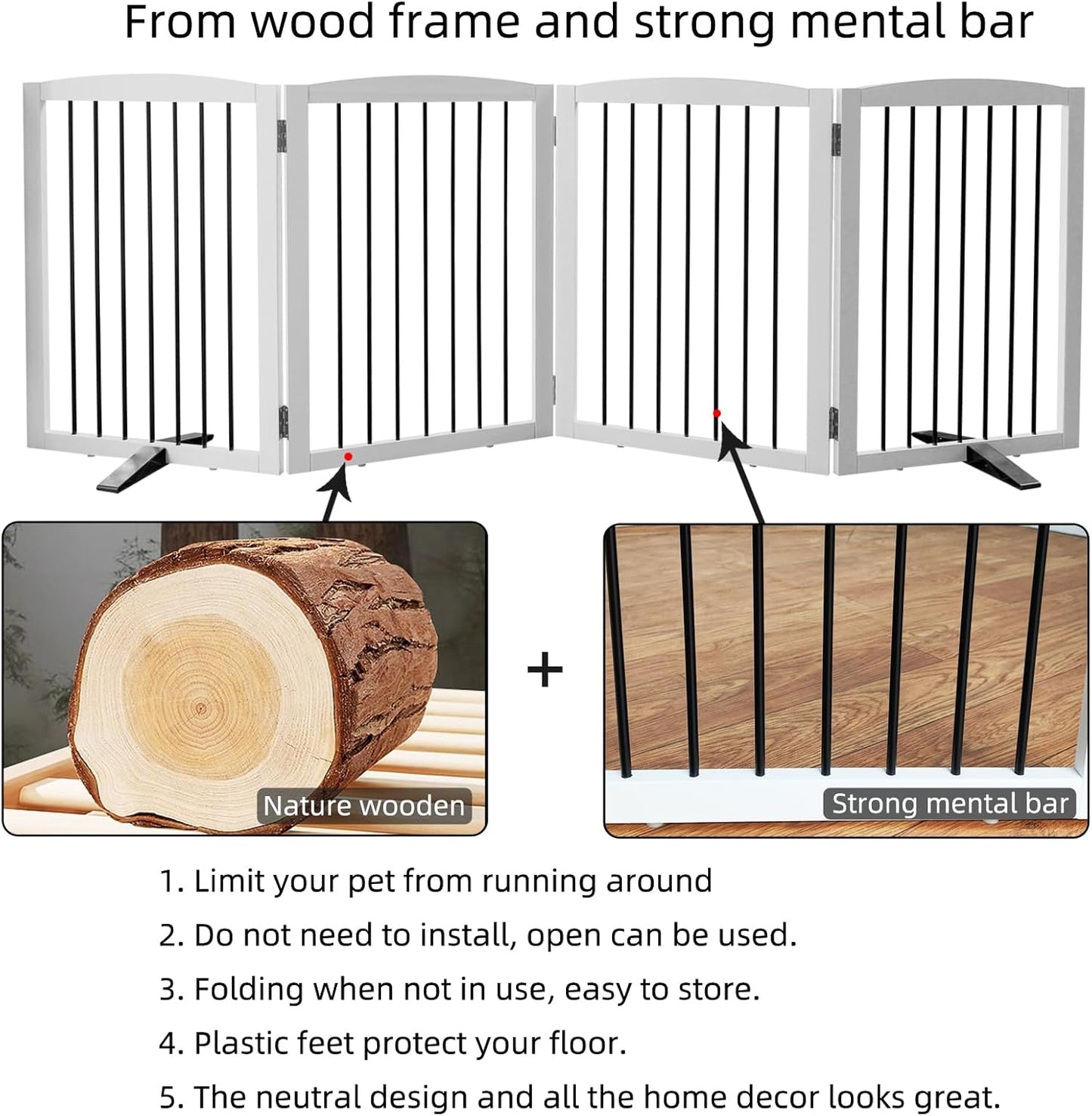 Freestanding Panel Dog Gate for Indoor, Doorways, Stairs, or Hallways - Foldable Wooden Pet Fence With Support Feet - 24" Height, 4 Panels, White