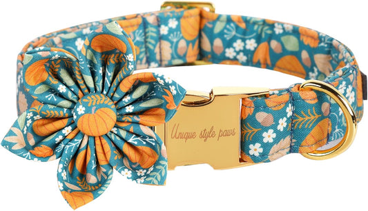 Unique style paws Halloween Dog Collar with Flower Tie Pumpkin Cotton Collar Adjustable Puppy Collar for Small Medium Large Dogs-XL