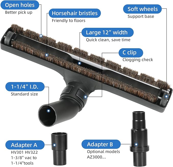 Hardwood Floor Brush Vacuum Attachment for Shark Corded Stick Rocket HV301 HV322, 1-1/4" Accessories with Adapters (Shark Hardfloor Brush)
