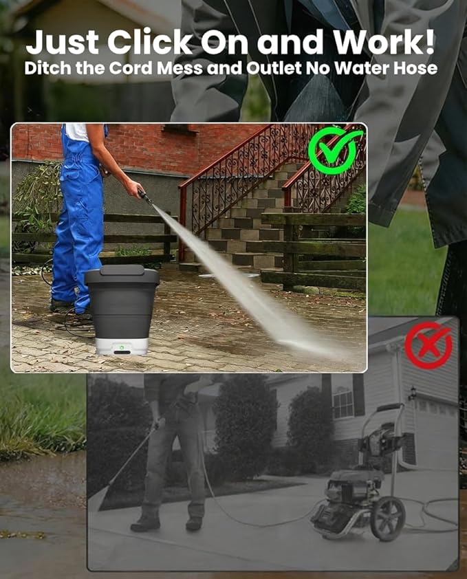 Portable Electric Pressure Washer w/3.2Gal Tank, 4-in-1 Nozzles, Foldable Cordless Pressure Washer for No Water Hose Apartment, Camping, Bike Cleaning, Garden Care and Pet Cleaning Friendly