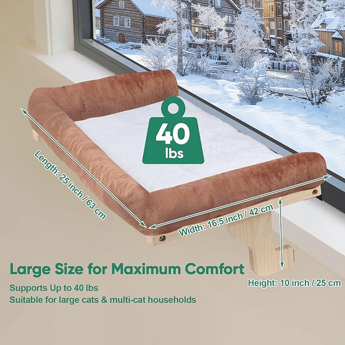 Cat Window Perch with Bolster, Large Hammock Bed for Indoor Cats, Solid Wood & Metal Frame Mounted Perch, Cozy Sunbathing Lounge Bed, 25” Wide (Brown Bed)
