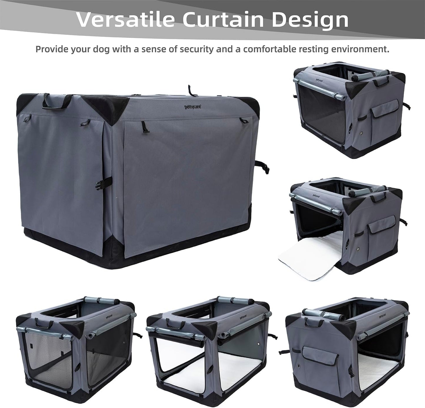 Pettycare 36 Inch Collapsible Dog Crate with Curtains Travel Dog Crate for Airflow and Calm Soft Pet Kennel with Portable Bag and More Chew Proof Mesh Indoor & Outdoor Grey 4 Door Curtains