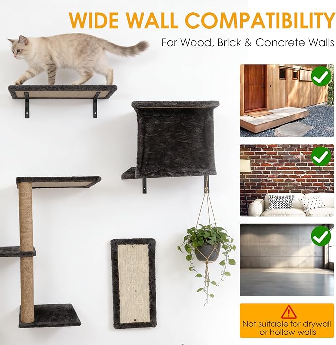 5 in 1 Large Cat Wall Shelves Hanging Tree Perch Bed Shelf Climbing Systems with Hammock
