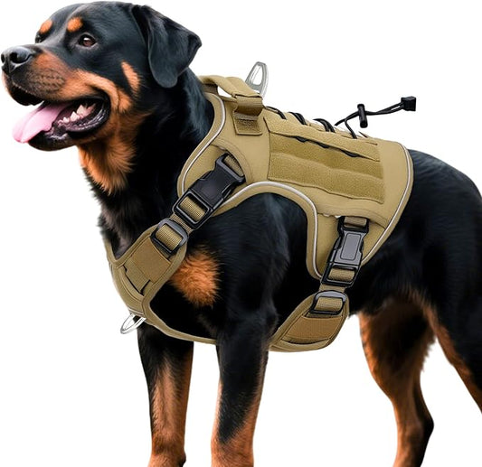 Heavy-Duty Tactical Dog Harness for Large Dogs, No Pull Adjustable Reflective Pet Vest with Molle System, K9 Military-Grade Control for Service Training, Outdoor & 10+ Breeds, Khaki, X-Large