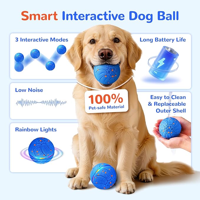 Smart Interactive Dog Toys - ETPU New Material Automatic Moving Dog Ball, Motion Activated Rolling & Rotating Bouncy Toy for Medium & Large Dogs’ Enrichment & Stimulation-Blue