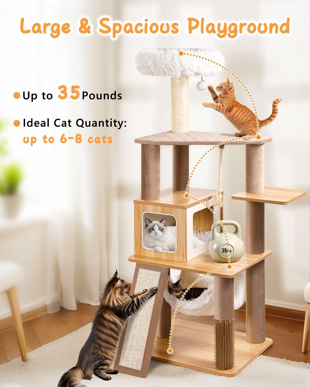 61" Wooden Cat Tree Tower for Indoor Cats, Luxury Modern Wooden Tower with XL Plush Lounge, Hammock & Scratching Posts for Maine Coon 20 lbs