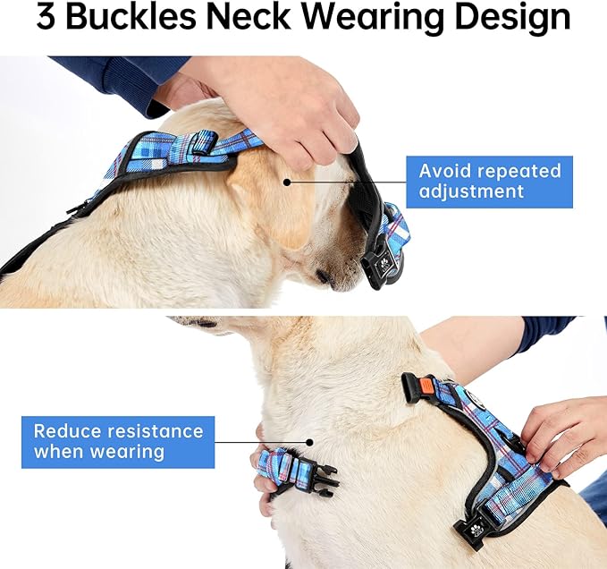 IVY&LANE No Pull Dog Harness with Leash Set, Reflective No Choke Pet Vest,Adjustable Oxford Dog Vest Harness with Easy Control Handle for Large Dogs (Checkered Blue,L)