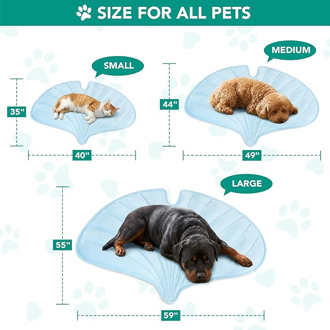 PetAmi Dog Cooling Mat, Ginkgo Leaf Shape, Reversible Cooling Nylon Blanket Soft Fleece Pet Pad for Dogs Cats, Summer All Season Use Q-Max>0.3, Large 55x59 in, Light Blue