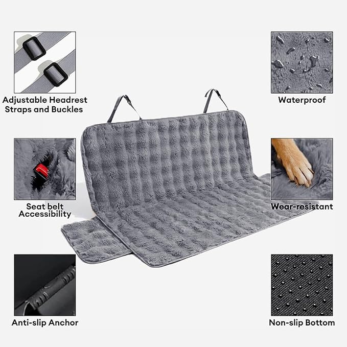 FUNNY FUZZY Fluffy Dog Car Seat Cover for Back Seat (Bench), Water-Resistant with Nonslip Backing,Pet Seat Protector for Cars SUVs Trucks（Gray